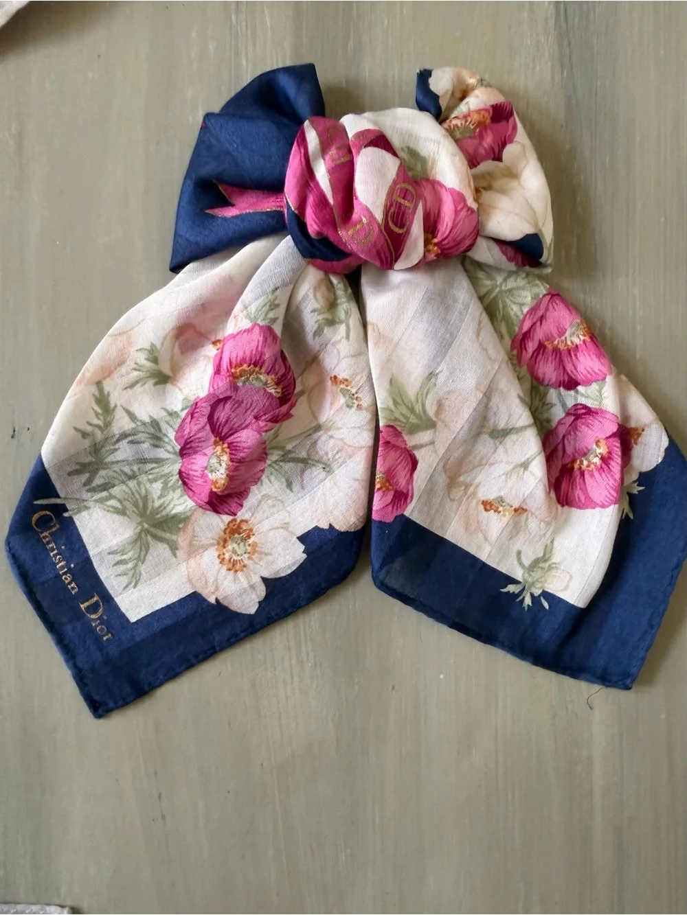 Christian Dior Scarf Blue & White stripes, Floral & Vibrant Pink CD Ribbon